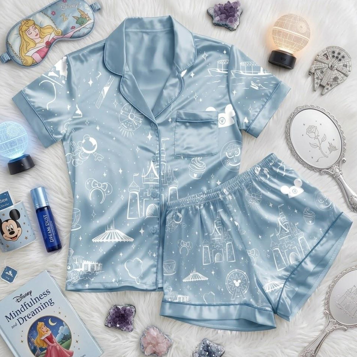 Disneyland Icons For Magical Vacation Dreams, Castle And Park Inspired Pajamas, Theme Park Nightwear, Whimsical Bedtime Outfit