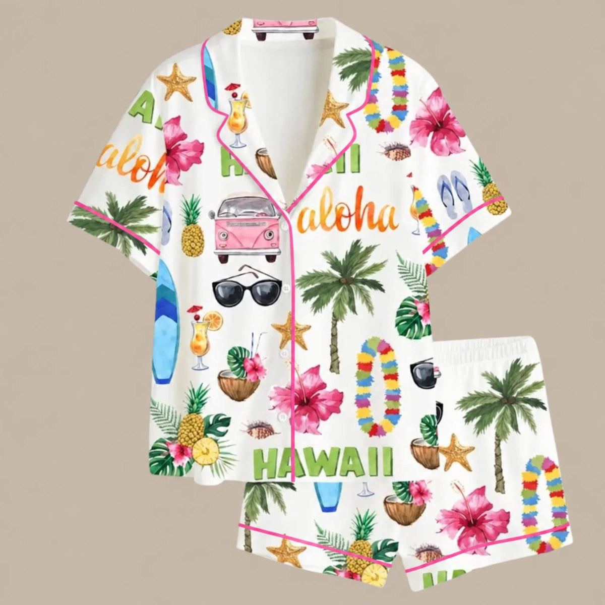 Hawaii Aloha Satin Pajamas • Tropical Vacation Sleepwear • Hibiscus & Pineapple Print, Gift For Her