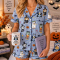 Halloween Dog Satin Pajama Set, Spooky Costume Dog Pajamas, Women’s Short Sleeve Sleepwear, Cute Pumpkin PJs, Fall Gift for Her