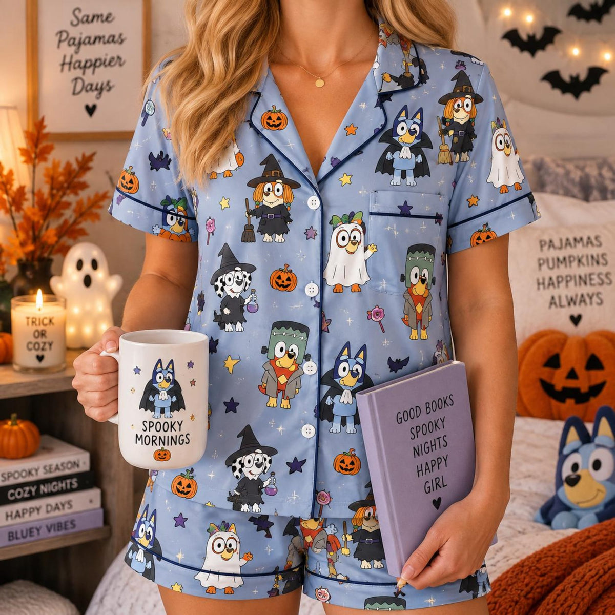 Halloween Dog Satin Pajama Set, Spooky Costume Dog Pajamas, Women’s Short Sleeve Sleepwear, Cute Pumpkin PJs, Fall Gift for Her