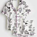 Spooky Witchy Bachelorette Pajamas, Halloween Doodle Short Sleeve Satin Pjs, Cute Bridal Party Sleepwear, Silky Bride Loungewear Gifts