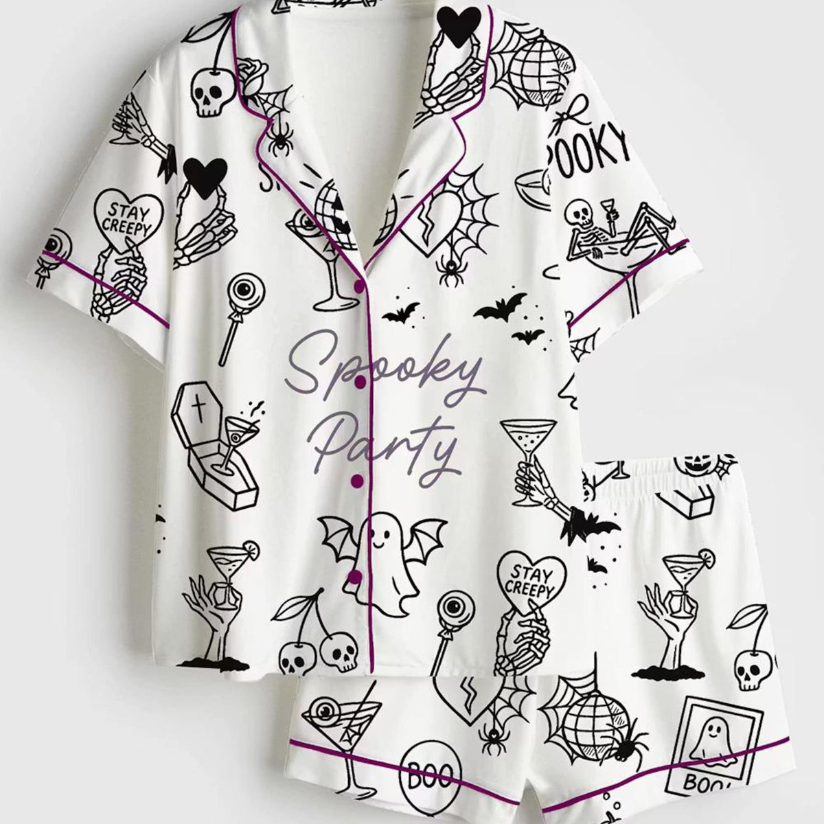 Spooky Witchy Bachelorette Pajamas, Halloween Doodle Short Sleeve Satin Pjs, Cute Bridal Party Sleepwear, Silky Bride Loungewear Gifts