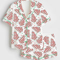 Christmas Tree Cake Satin Pajamas, Holiday Snack Print Sleep Set, Cute Festive Short Sleeve Pjs, Cozy Holiday Loungewear