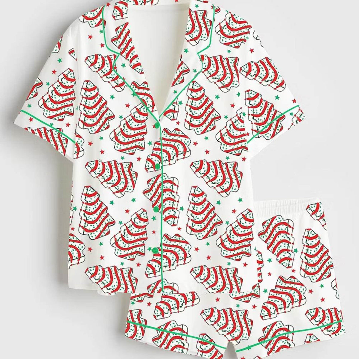 Christmas Tree Cake Satin Pajamas, Holiday Snack Print Sleep Set, Cute Festive Short Sleeve Pjs, Cozy Holiday Loungewear