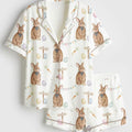 Easter Bunny Satin Pajama Set, Cute Spring Rabbit Silky Sleepwear, Short Sleeve Holiday Pjs, Springtime Gift For Her