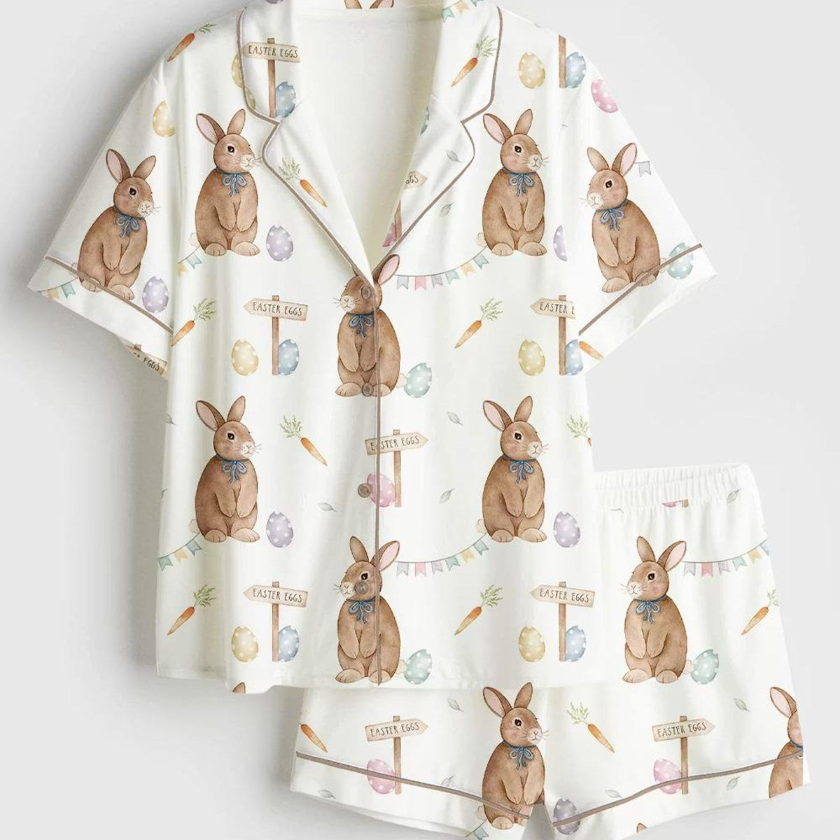 Easter Bunny Satin Pajama Set, Cute Spring Rabbit Silky Sleepwear, Short Sleeve Holiday Pjs, Springtime Gift For Her