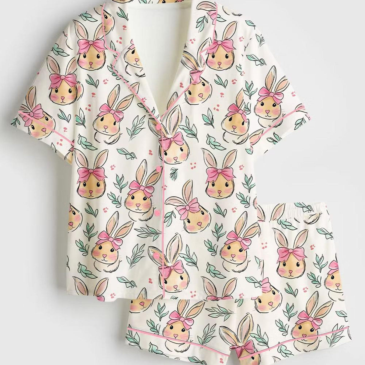 Pink Coquette Easter Rabbit Satin Pajamas, Bunny Bow Silky Sleepwear Set, Short Sleeve Pjs, Spring Loungewear, Gift