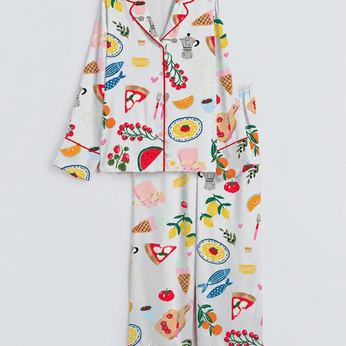 Italian Summer Satin Pajama Set, Colorful Foodie Sleepwear with Pizza & Pasta, Mediterranean Vacation Lounge Set, Food Print Pjs