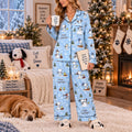 Blue Winter Cartoon Pajama Set for Women, Cute Dog Holiday Sleepwear, Cozy Button Up PJs, Soft Lounge Set, Christmas Gift for Her