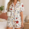 Cartoon Dog Pajama Set for Women, Satin Sleepwear, Long Sleeve Pants & Short Sleeve Shorts Pajamas, Cute Button Down PJs, Gift for Her