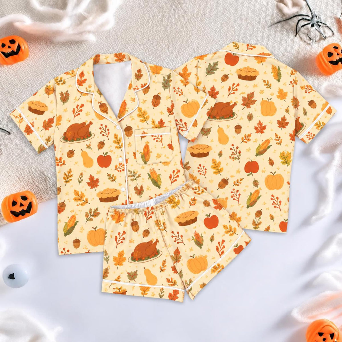 Thanksgiving Pajama Set, Pumpkin Turkey Fall Pajamas, Autumn Harvest Sleepwear, Maple Leaf Pie Pattern PJs, Cozy Fall Gift for Her