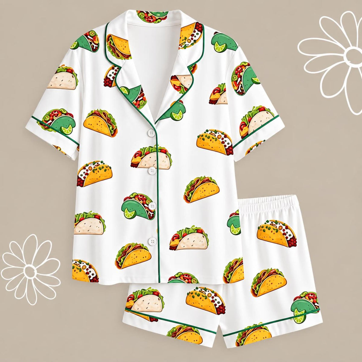 Taco Print Satin Pajama Set, Fiesta Sleepwear, Button Down Loungewear