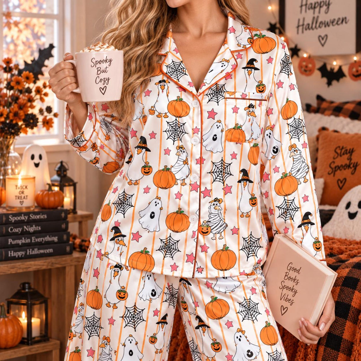 Halloween Goose Satin Pajama Set for Women, Ghost Duck & Pumpkin PJs, Spooky Season Sleepwear, Cute Fall Pajamas, Goose Lover Gift