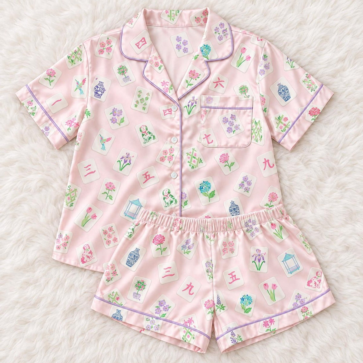 Pink Mahjong Satin Pajamas, Matching Women and Girls PJs, Mother Daughter Sleepwear, Mahjong Lover Gift, Short or Long Pajama Set