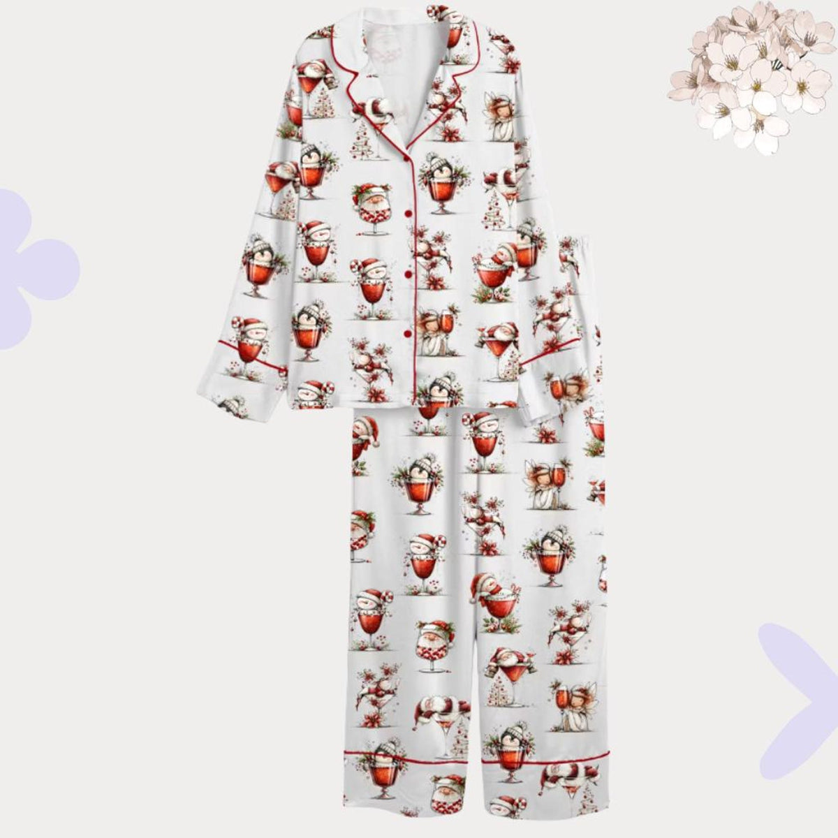Christmas Pajamas Set - Wine Glass Xmas Pajama, Festive PJS- Christmas Gift