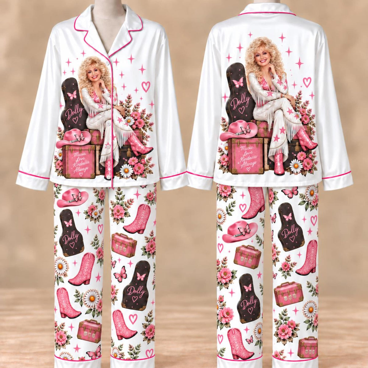 Dolly Pink Western Pajamas Set, Country Music Satin PJs, Cowgirl Pajama Set, Pink Cowboy Christmas Gift, Country Girl Sleepwear