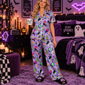 Halloween Cocktail Pajama Set, Spooky Drink Sleepwear, Neon Skeleton Short PJs, Witchy Gift