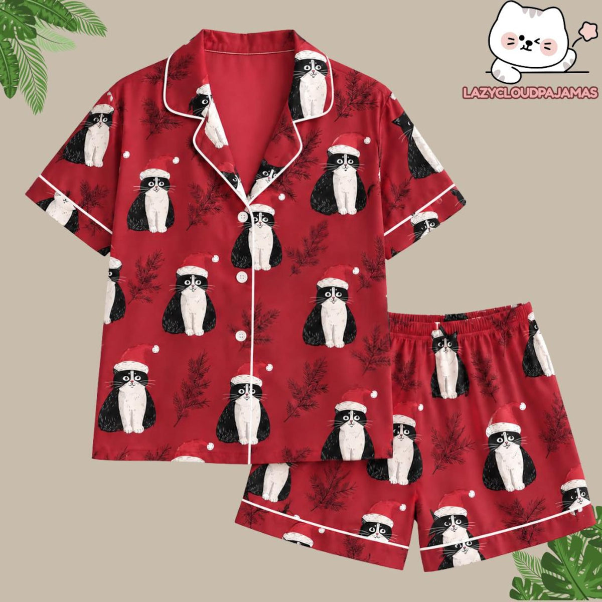 Christmas Cat Pajamas, Cute Tuxedo Cat Sleepwear, Red Holiday Pjs, Xmas Kitty Loungewear Set, Matching Family Christmas Pajamas