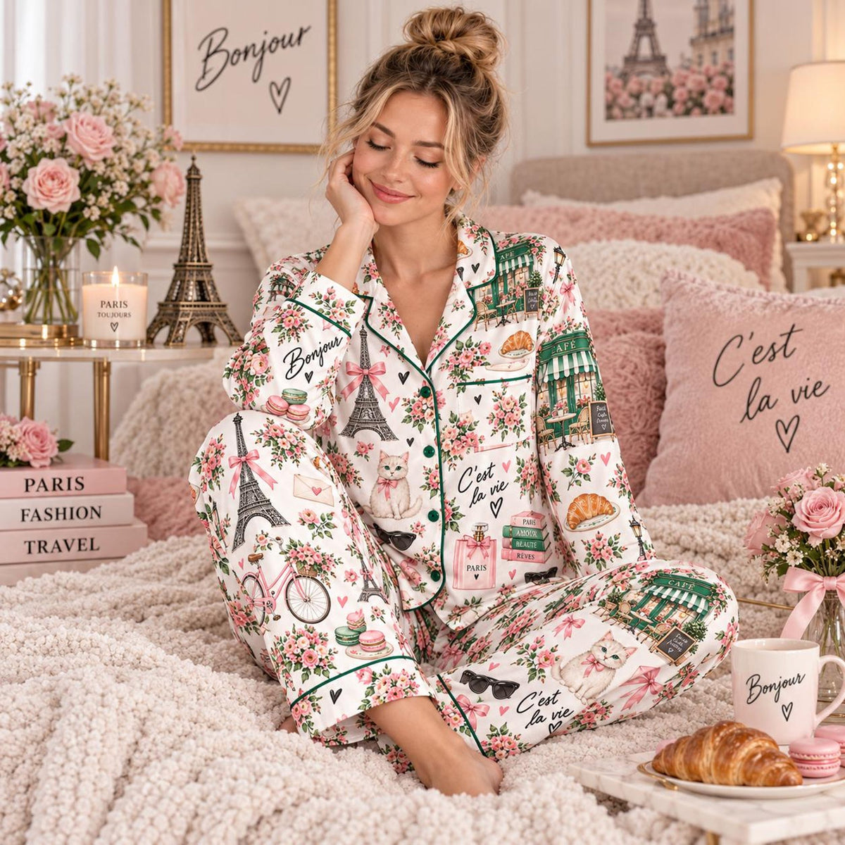Paris Pajama Set for Women, French Inspired Pajamas, Short and Long Sleeve Sleepwear, Pink Bow Floral Pajamas, Cute Gift for Her