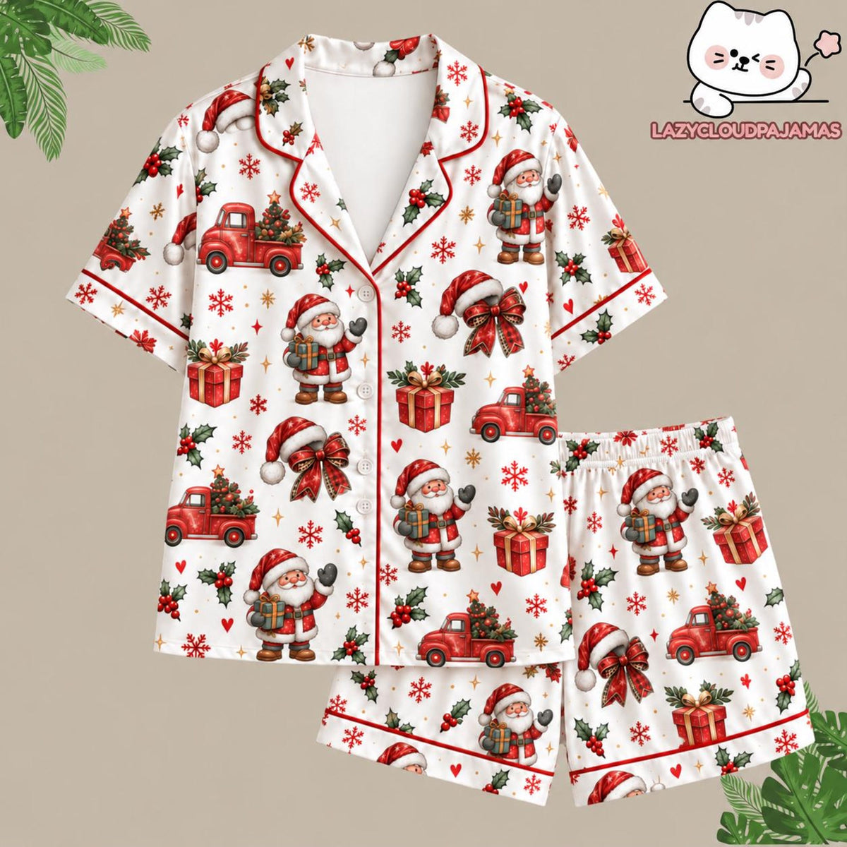 Christmas Pajamas Set, Santa Claus Sleepwear, Holiday Matching Pjs, Cute Red Truck Loungewear, Festive Xmas Gift for Women