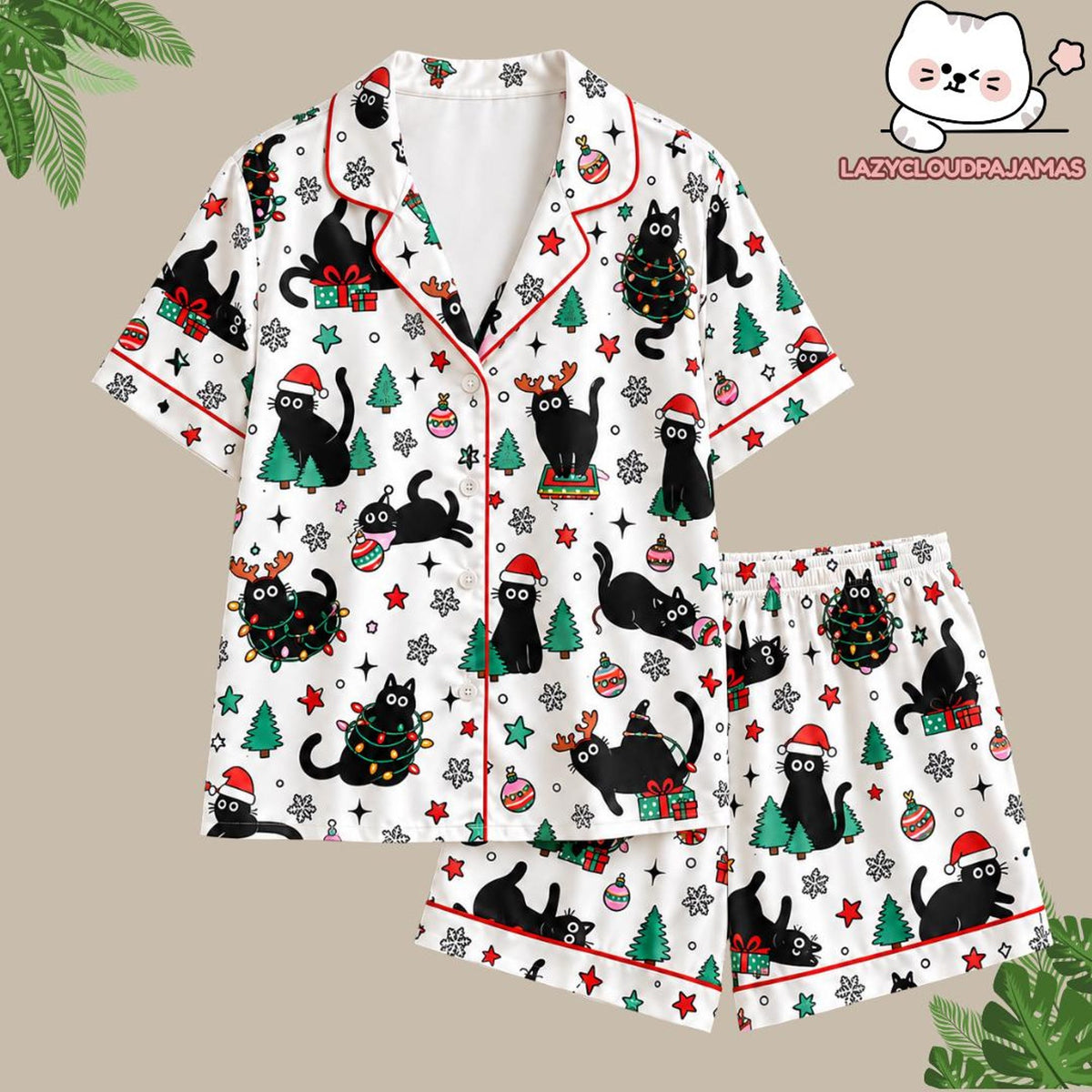 Christmas Cat Pajamas, Cute Black Cat Sleepwear, Matching Family Pjs, Holiday Lounge Set, Xmas Gift for Cat Lover, Festive Nightwear