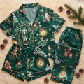 Emerald Green Nutcracker Pajamas Set, Enchanted Forest Christmas PJs, Owl Lantern Fairy Print, Button Up Top with Shorts or Pants