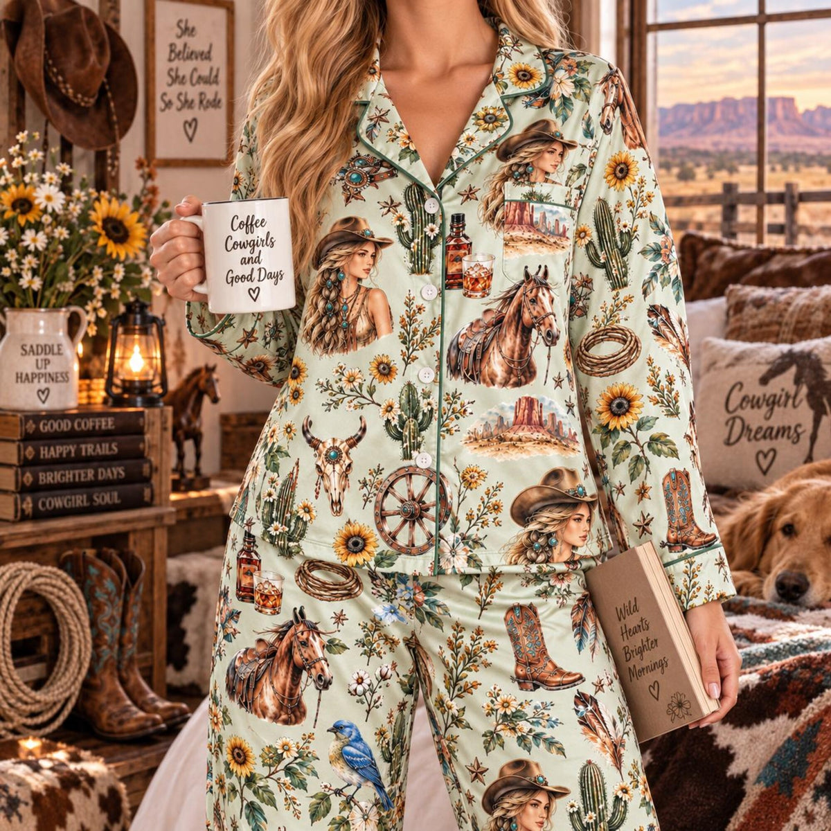 Western Cowgirl Pajama Set, Horse Cactus Sunflower Sleepwear, Long Sleeve Rodeo PJs, Cowgirl Gift