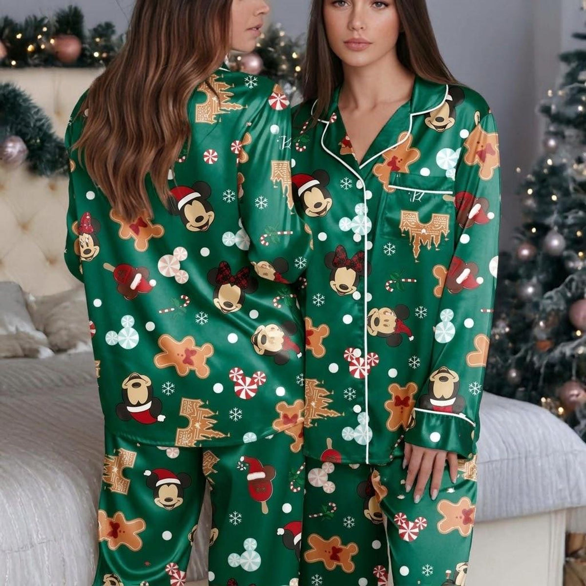 Disney Mickey Mouse Xmas Pajamas, Gingerbread Holiday Print, Candy Cane Sleep Set, Festive Nightwear for Women, Two Piece Christmas Outfit