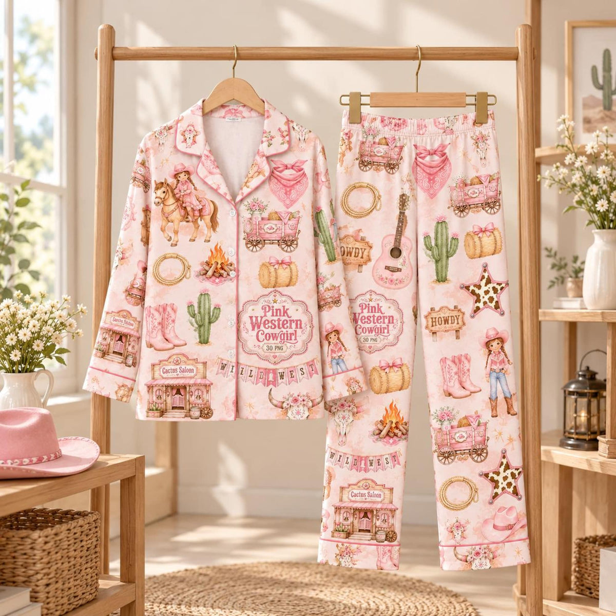 Pink Cowgirl Pajama Set, Western Rodeo Short Sleeve Sleepwear, Cute Howdy Button Down PJs, Country Girl Summer Lounge Shorts, Gifts For Her