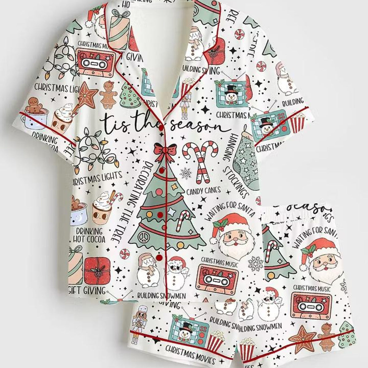 Retro Christmas Tis The Season Pajama Set, Cute Santa Hot Cocoa Holiday Short Sleeve Satin Pjs, Festive Xmas Loungewear Gift Santa