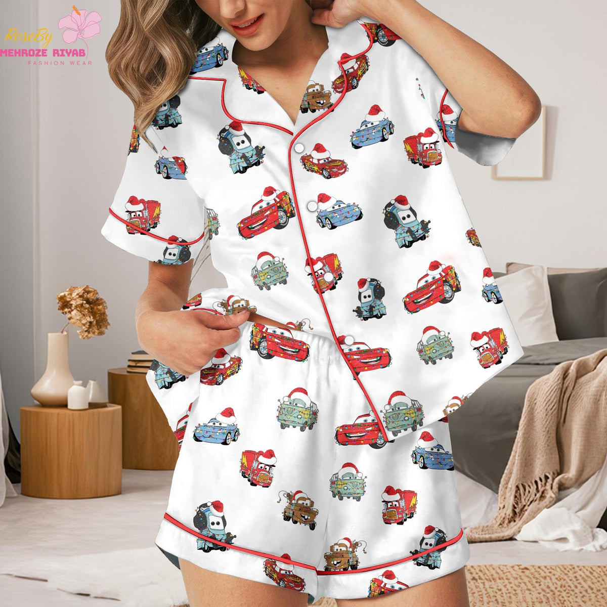 Christmas Racing Car Pajama Set for Women, Holiday Cartoon Vehicle Sleepwear, Festive Car Print Pajamas, Christmas Gift for Her