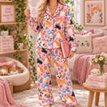Pink Cat Pajama Set, Women’s Floral Kitty PJs, Cute Cat Sleepwear, Cozy Pajamas, Cat Lover Gift for Her