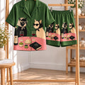 Cat Martini Pajama Set, Chic Cats Drinking Wine Sleepwear, Long Sleeve Button Down PJs