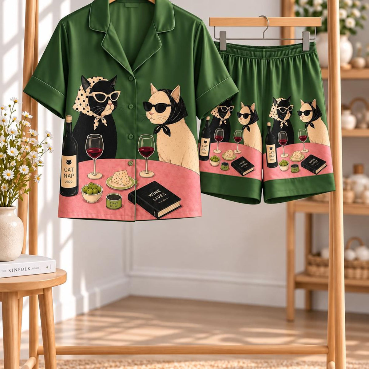 Cat Martini Pajama Set, Chic Cats Drinking Wine Sleepwear, Long Sleeve Button Down PJs