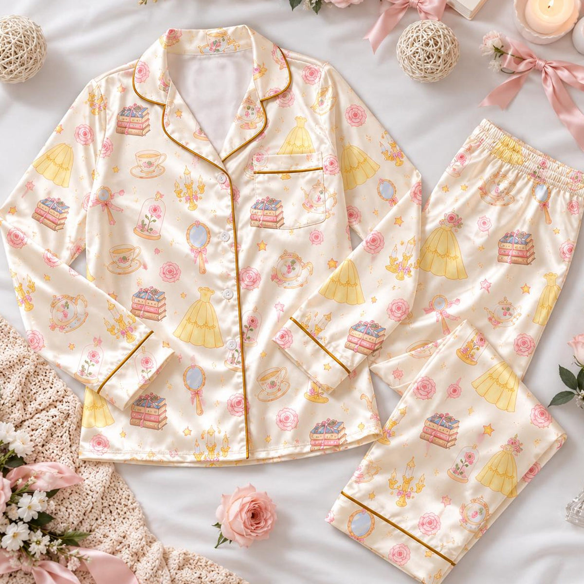 Belle Pajamas Set, Beauty and the Beast Satin PJs for Women, Enchanted Rose Princess Pajamas, Disney Sleepwear, Belle Lover Gift
