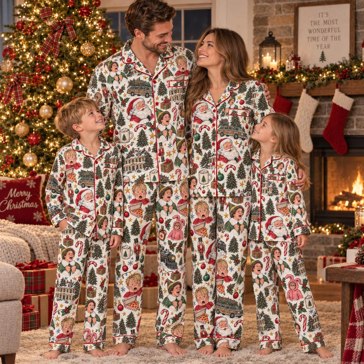 Home Alone Family Christmas Pajama Set, Funny Holiday Movie PJs, Satin Sleepwear Set, Festive Christmas Loungewear
