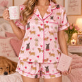 Pink Dog Pajama Set, Satin Pajamas Long and Short Set, Cute Puppy Sleepwear, Heart Dog PJs, Romantic Pet Lover Pajamas, Dog Mom Gift
