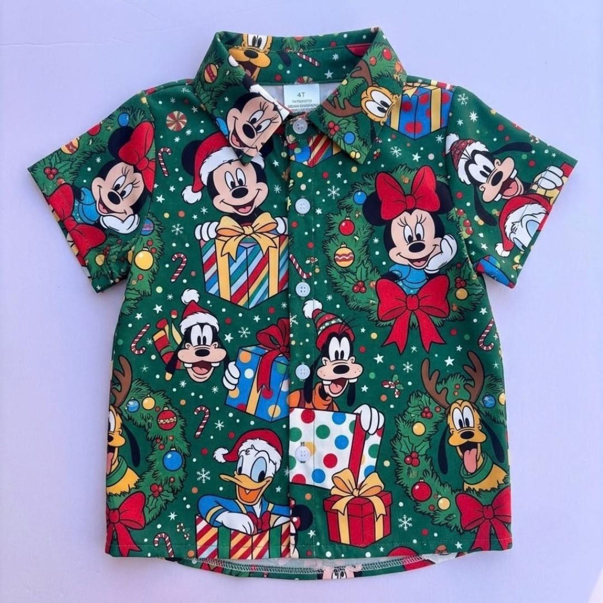 Kids Christmas theme park mouse green short sleeve button down shirt