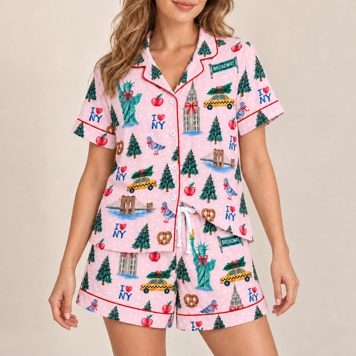 Women’s Christmas in New York Satin Pajama Set, NYC Holiday Short Sleeve Sleepwear, Festive Christmas Pajamas, Winter Gift for Her