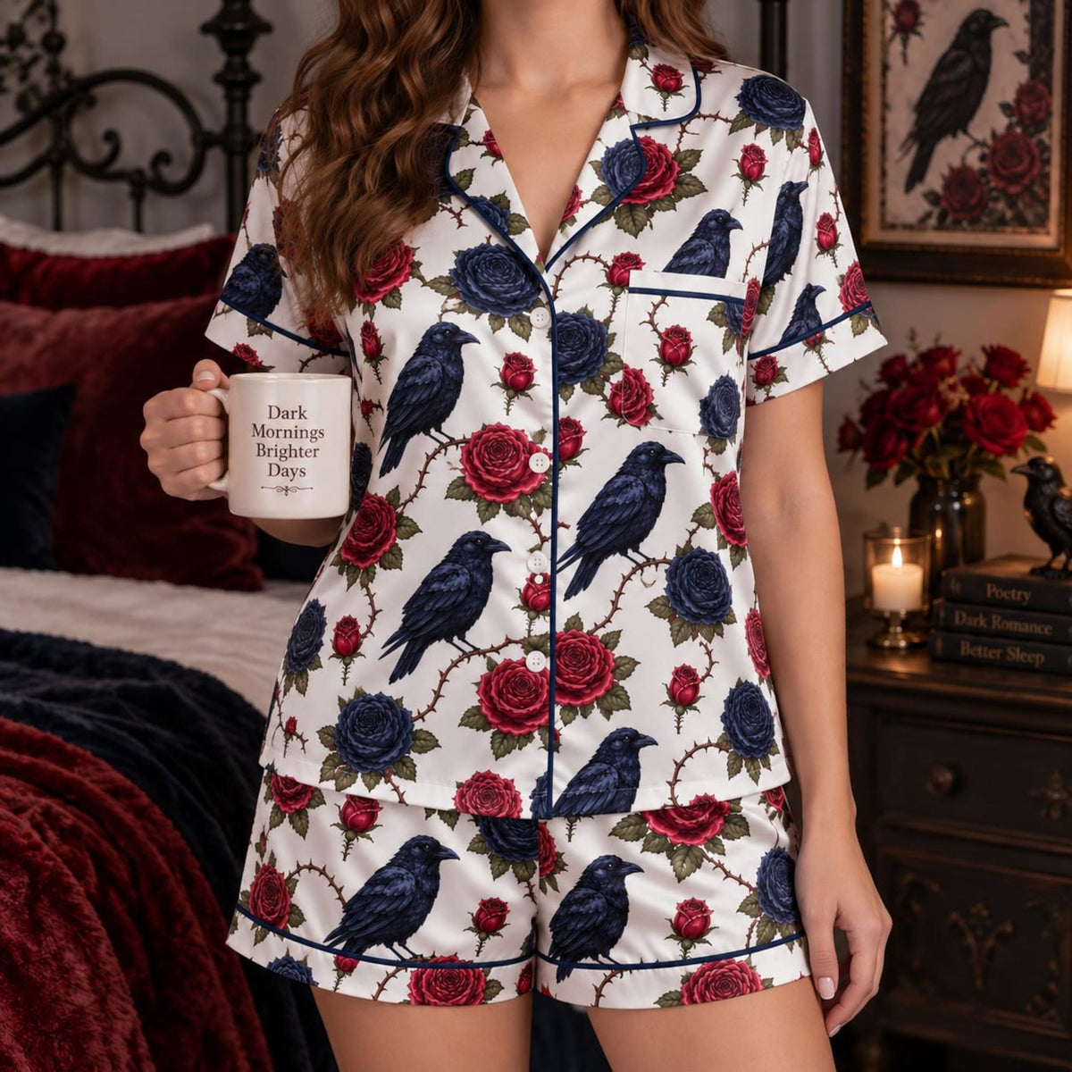 Raven Rose Pajama Set, Satin Pajamas Long and Short Set, Gothic Floral Sleepwear, Dark Romance PJs, Crow Lover Pajamas, Gift for Her