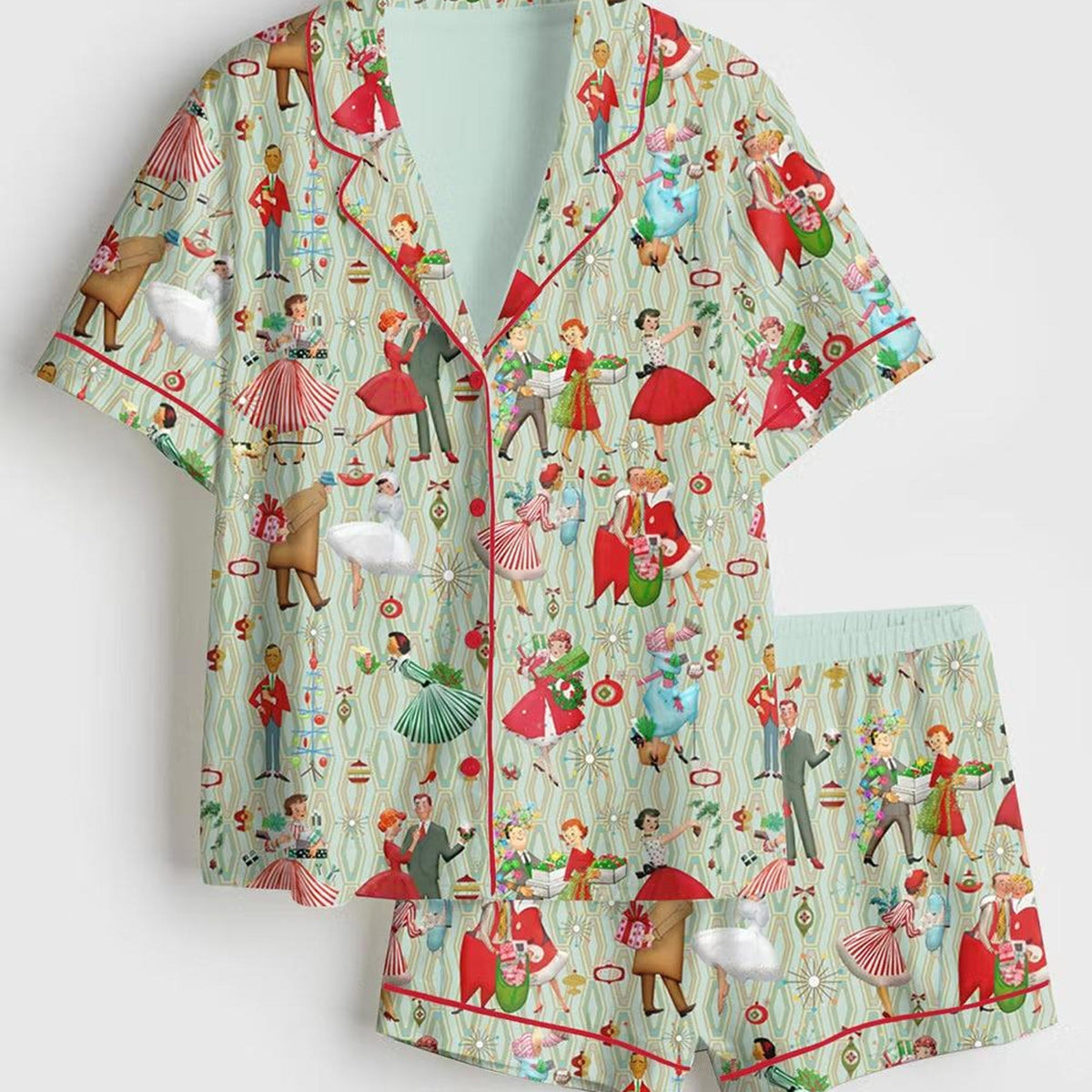 1950s Retro Vintage Christmas Pajama Set, Mid Century Holiday Short Sleeve Satin Pjs, Nostalgic Xmas Sleepwear, Festive Loungewear Gift