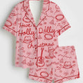 Have A Holly Holiday Pajama Set, Retro Country Music Short Sleeve Satin Pjs, Western Cowboy Xmas Holiday Sleepwear Gift