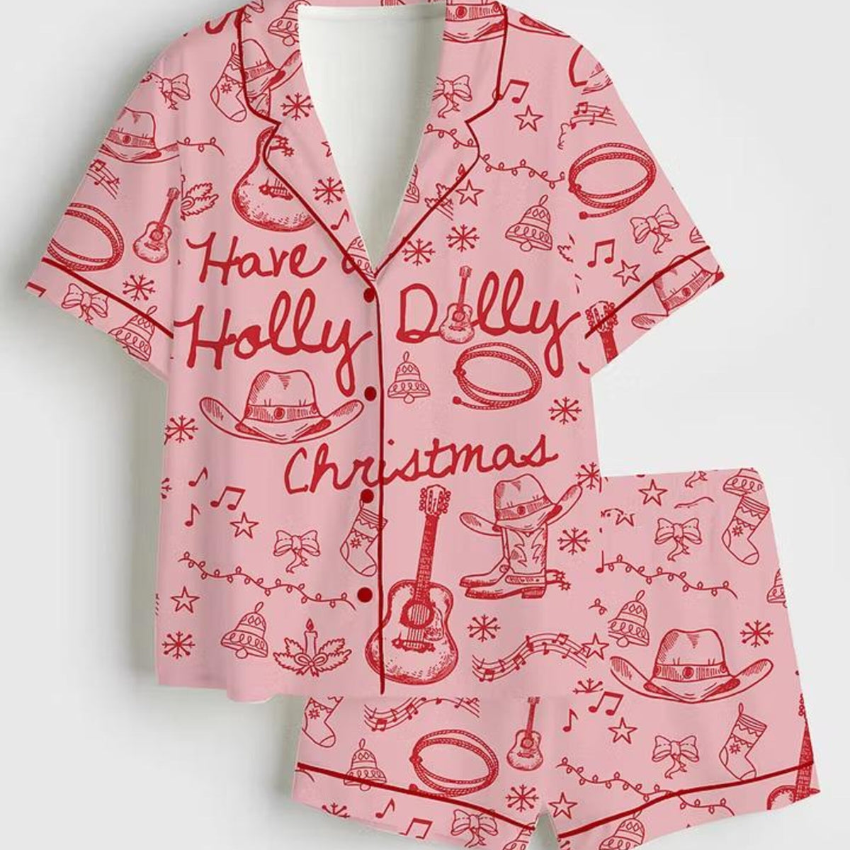 Have A Holly Holiday Pajama Set, Retro Country Music Short Sleeve Satin Pjs, Western Cowboy Xmas Holiday Sleepwear Gift