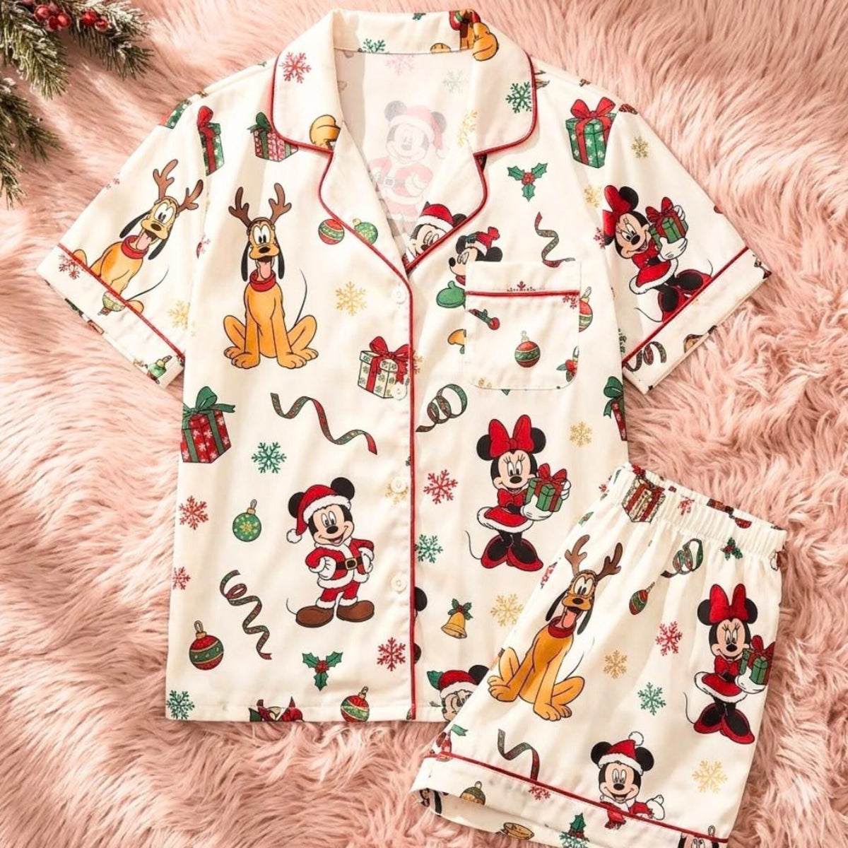 Mickey Minnie Pluto Christmas Pajamas, Matching Family Christmas PJs, Kids and Adult Button Up Pajama Set, Disney Holiday Sleepwear