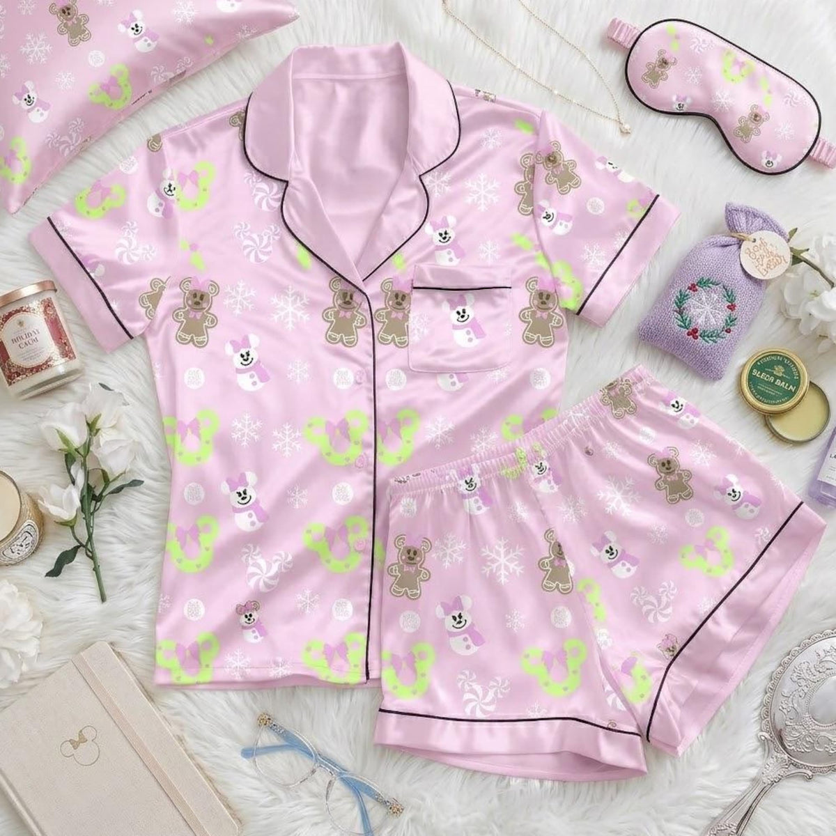 Mickey Minnie Christmas Pajamas, Gingerbread Cookies Snowman Candy Holiday Outfit, Disney Festive Loungewear, Cozy Christmas Attire