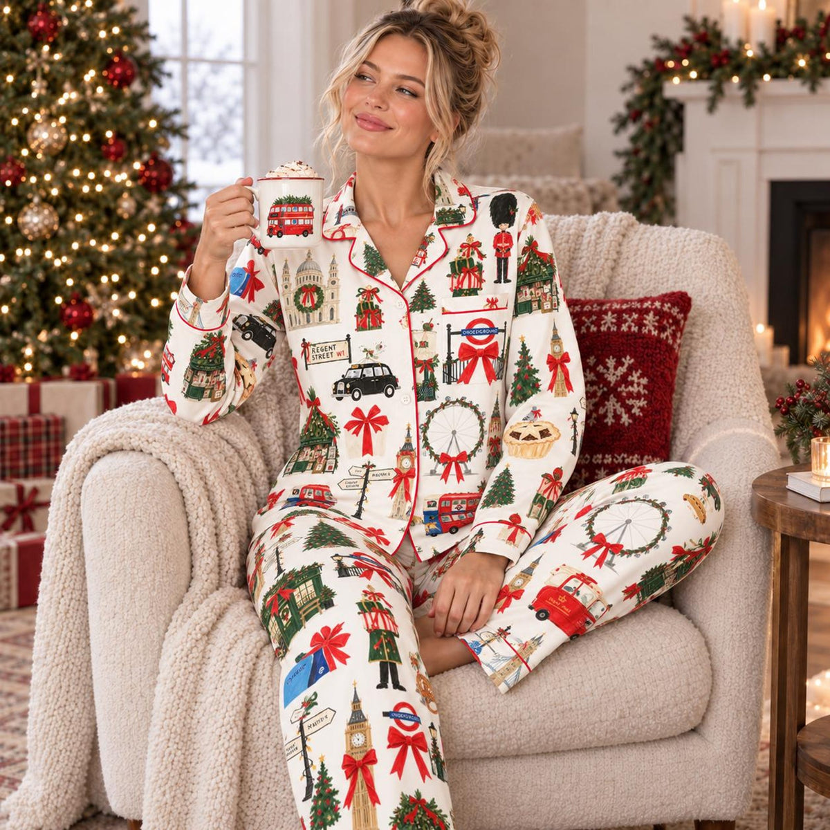 London at Christmas Pajamas, Christmas City Pajama Set for Women, London Holiday Pajamas, Button Up Long Sleeve Xmas PJs