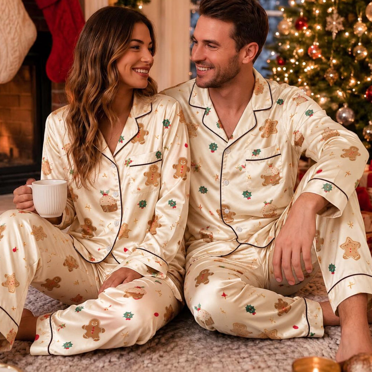 Christmas Gingerbread Satin Pajama Set, Cute Gingerbread Man Cookie Print PJs, Cream Holiday Sleepwear, Women's Short Sleeve Pajamas Gift