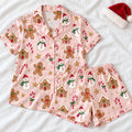 Pink Christmas Satin Pajamas, Gingerbread Snowman PJ Set, Matching Family Christmas Pajamas, Cute Holiday Sleepwear, Women Kids Xmas Gift