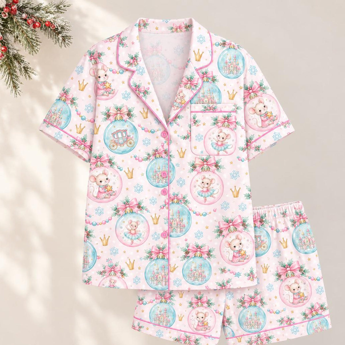 Christmas Nutcracker Bear Mouse Castle PJs, Pink Ballerina Christmas Pajamas, Nutcracker Ballet PJs, Matching Family Pajamas for Women Kids