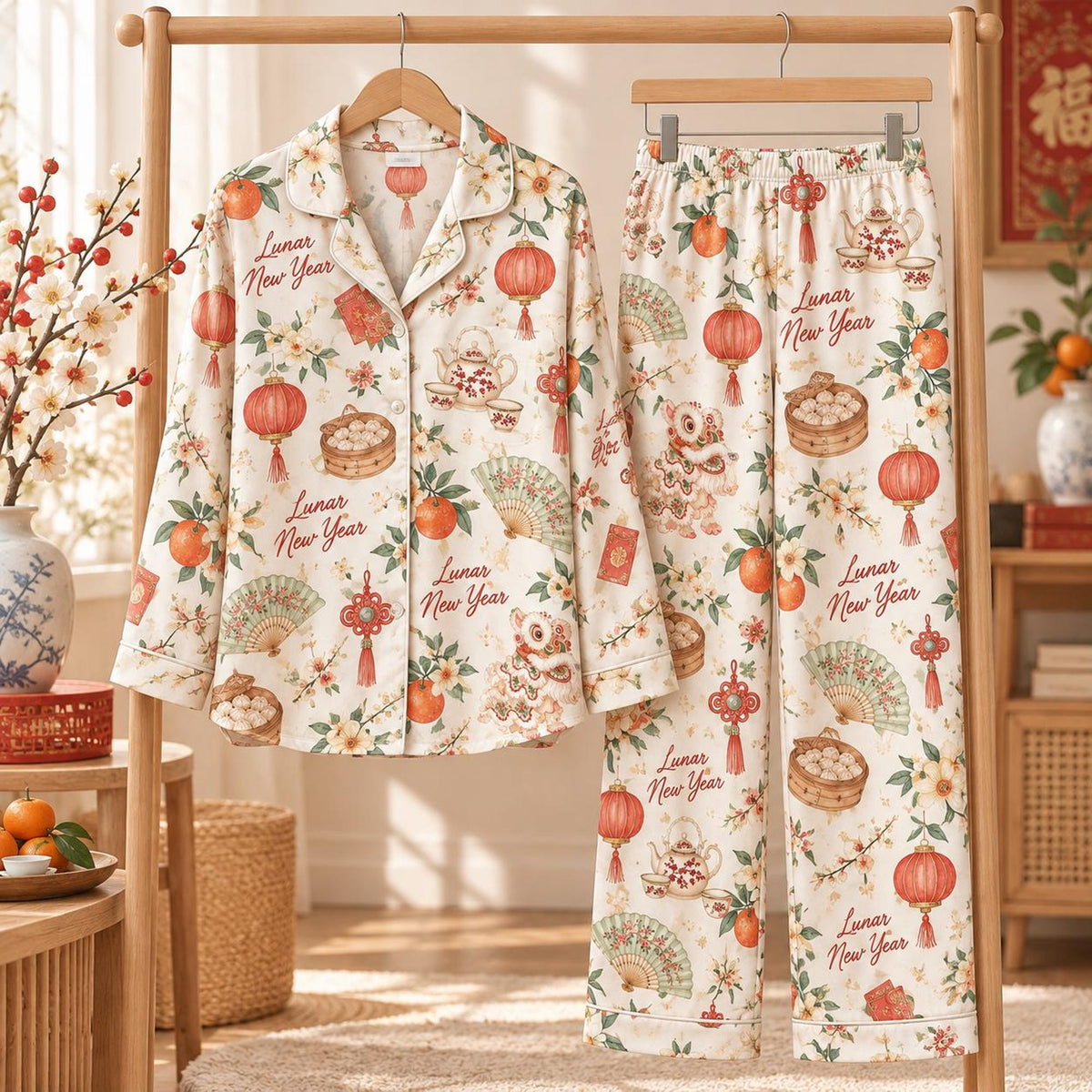 Lunar New Year Pajama Set, Red Chinese New Year Sleepwear, Spring Festival Loungewear, Lion Dance Pjs, Festive Asian Holiday Gifts for Her